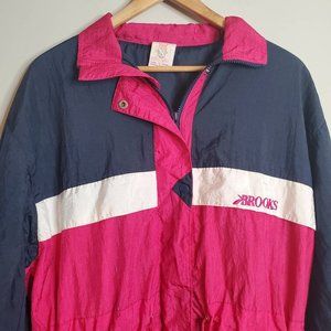 80s/90s Brooks Vintage Pink Color Block, Embroidered Spellout Windbreaker Jacket